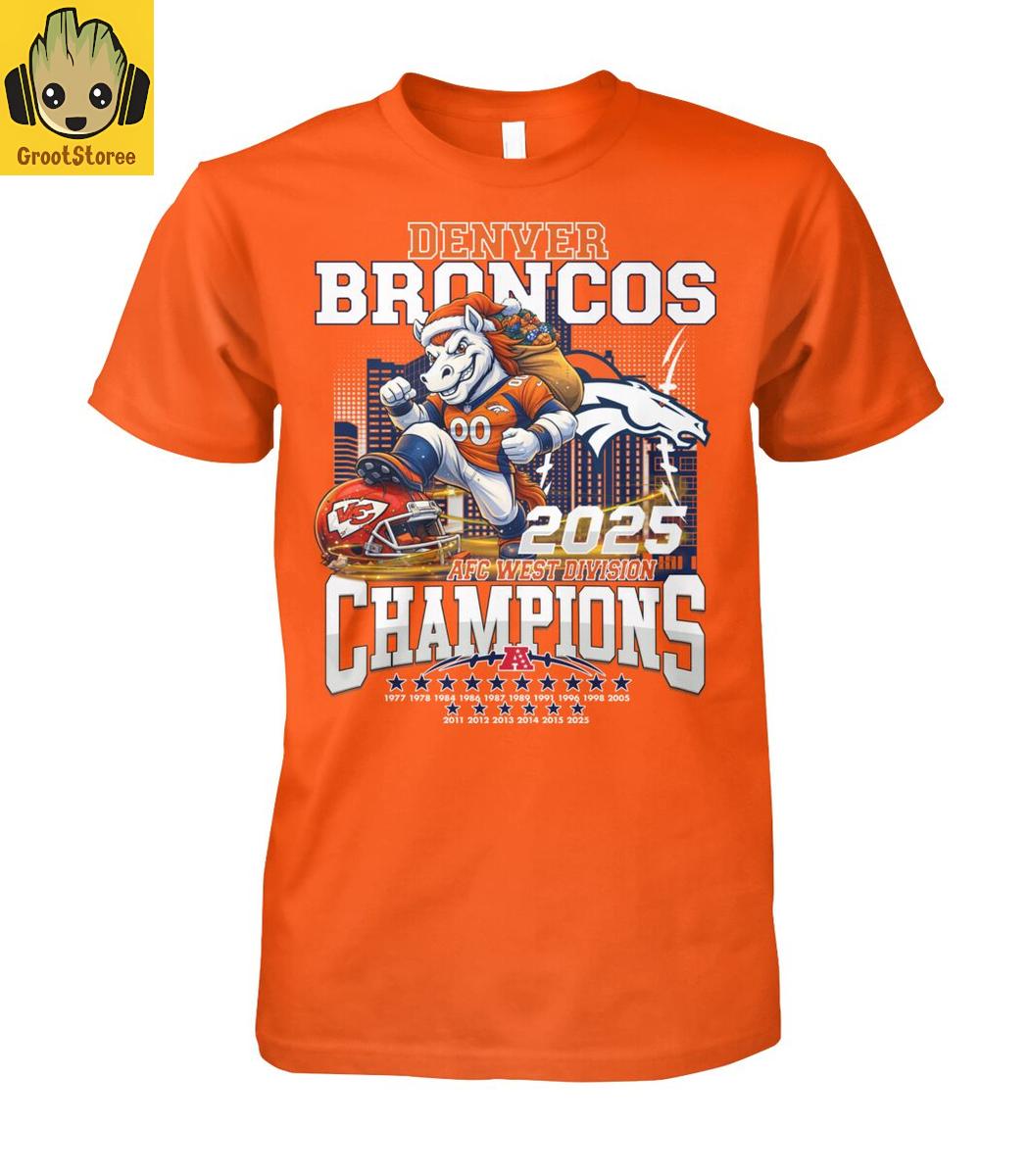 Denver Broncos 2025 AFC West Division Champions Mascot Christmas T-Shirt Denver Broncos 2025 AFC West Division Champions Mascot Christmas T-Shirt