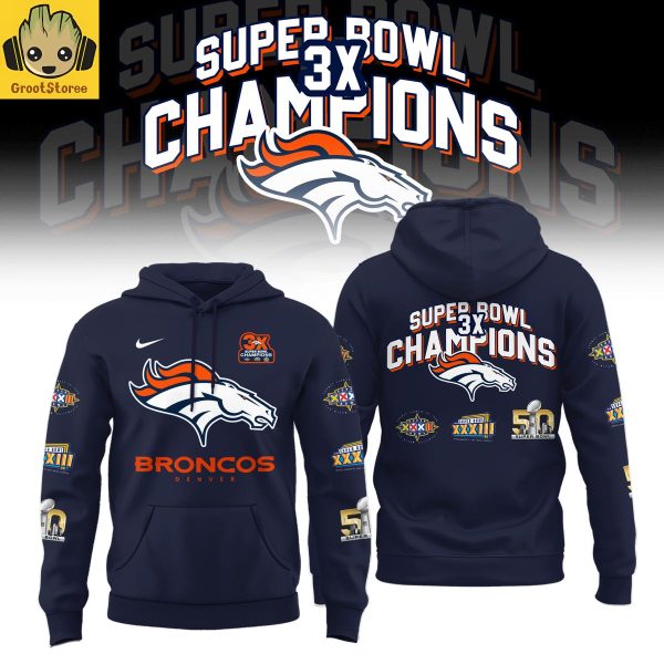 Denver Broncos 3 Time Super Bowl Champions Patch Throwback Hoodie Shirt