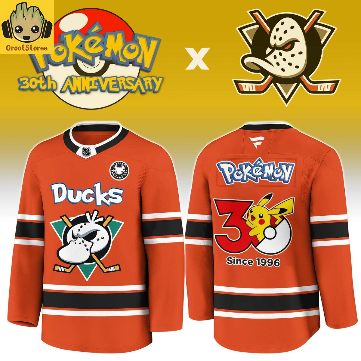 Anaheim Ducks x Pokemon 30th Anniversary 2026 Personalized Hockey Jersey Anaheim Ducks x Pokemon 30th Anniversary 2026 Personalized Hockey Jersey