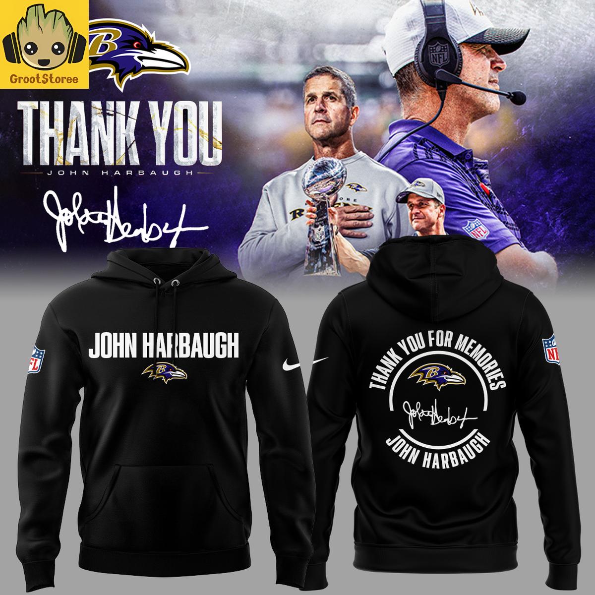 Baltimore Ravens Thank you For Memories Coach Harbaugh Black Hoodie T-Shirt Baltimore Ravens Thank you For Memories Coach Harbaugh Black Hoodie T-Shirt
