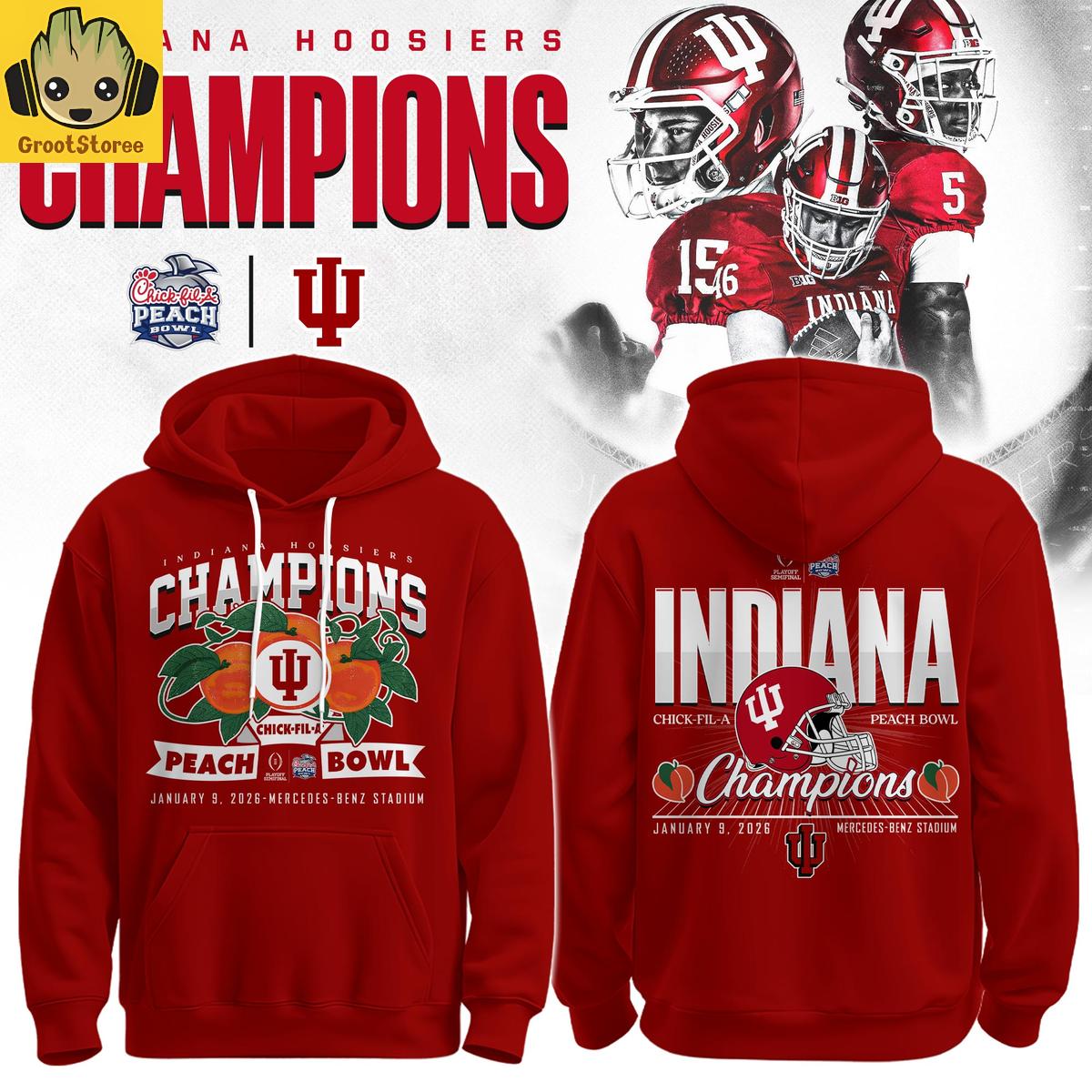Indiana Hoosiers Chick-fil-A Peach Bowl Champions 2026 Red Hoodie Shirt Indiana Hoosiers Chick-fil-A Peach Bowl Champions 2026 Red Hoodie Shirt