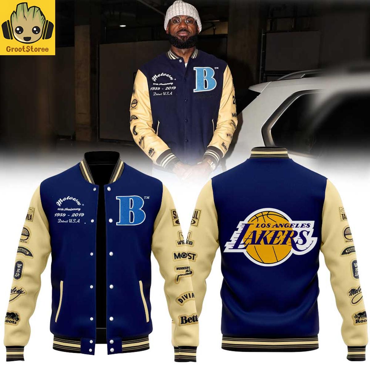 Los Angeles Lakers LeBron James Better Roots Stadium 60th Anniversary Motown Better Baseball Jacket Los Angeles Lakers LeBron James Better Roots Stadium 60th Anniversary Motown Better Baseball Jacket